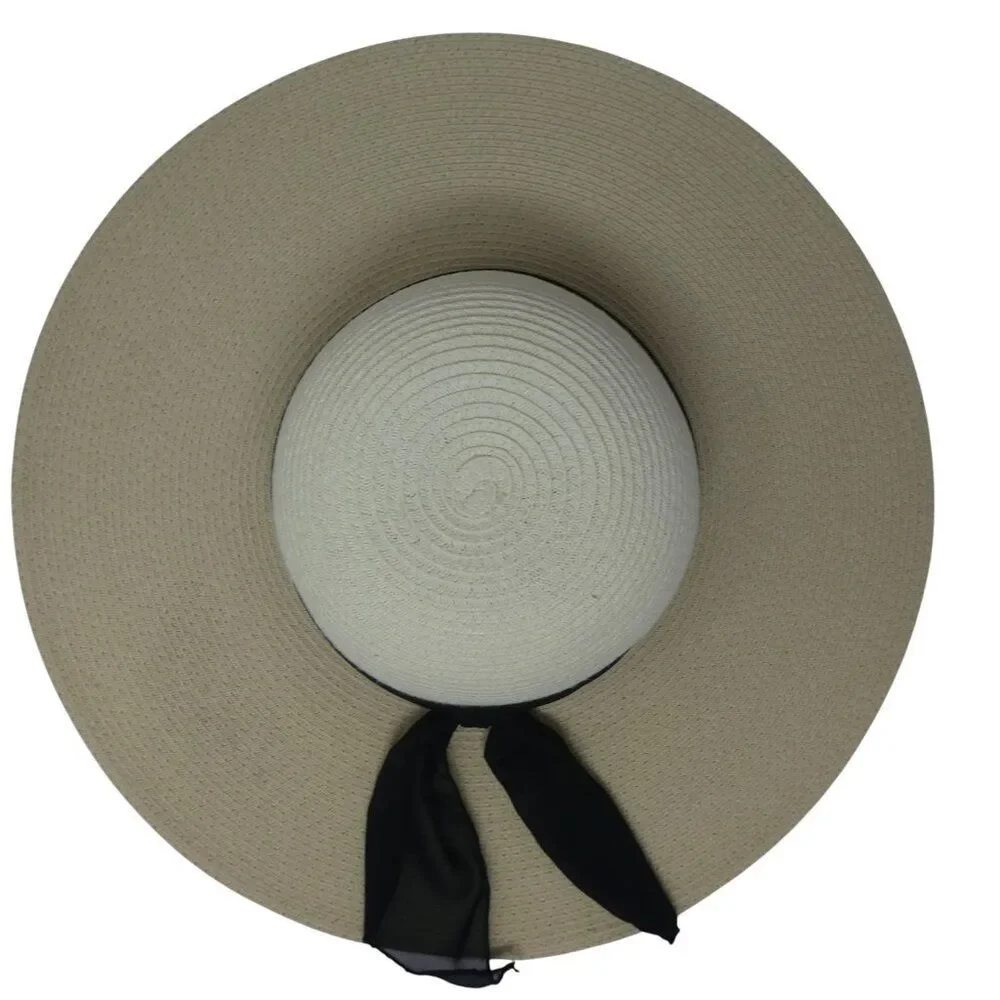 HBY‎ Miami Cream Black Paper Straw Wide Brim Floppy Beach Sun Hat S/M